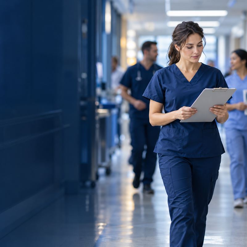 A nurse in navy scrubs walking down a hospital corridor at shift change, holding a clipboard